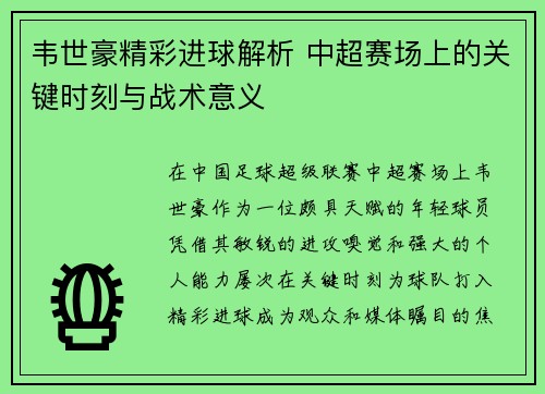 韦世豪精彩进球解析 中超赛场上的关键时刻与战术意义 韦世豪精彩进球解析 中超赛场上的关键时刻与战术意义