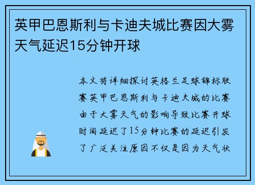 英甲巴恩斯利与卡迪夫城比赛因大雾天气延迟15分钟开球 英甲巴恩斯利与卡迪夫城比赛因大雾天气延迟15分钟开球